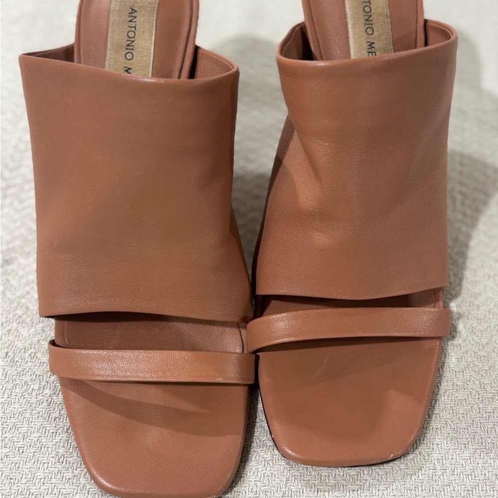 Antonio Melani Tan Leather Mules Square Toe